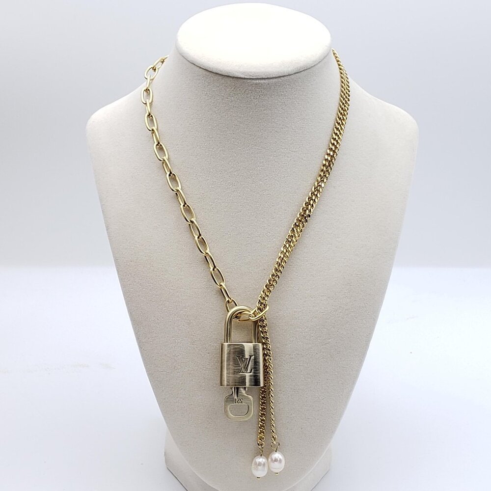 Stainless Steel Gold-Plated Necklace with Authentic Louis Vuitton Padlock